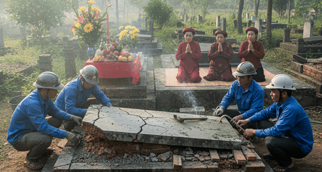 Mộ bị nứt, vỡ, sụt lún là hiện tượng thường gặp. 12 nguyên nhân “động mộ” và cách khắc phục, sửa mộ theo phong thủy để giữ mộ phần bền vững.