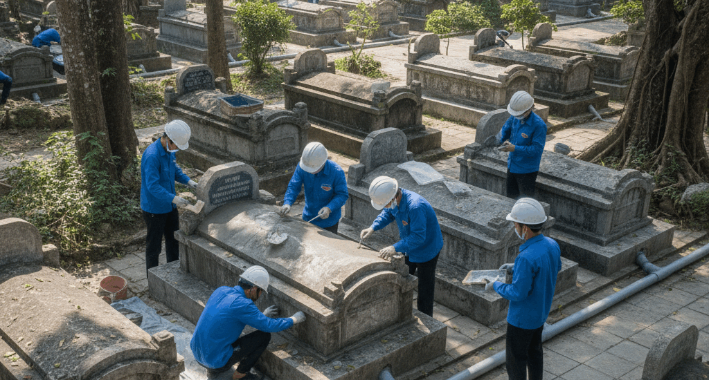 Tìm hiểu chi phí chống ngập, xử lý mộ bị ẩm mốc chi tiết .nguyên nhân, cách xử lý và bảng giá dịch vụ trọn gói chuẩn phong thủy âm trạch.