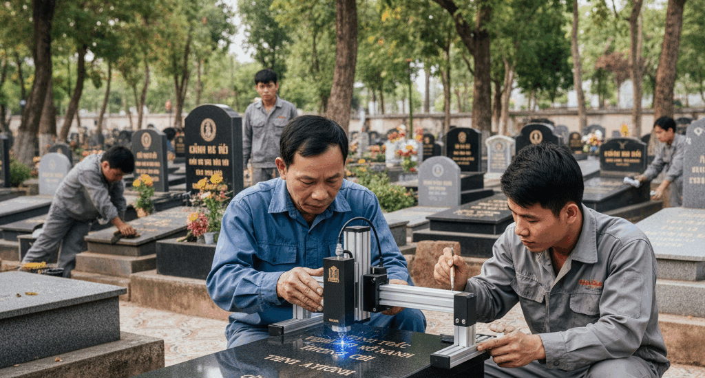 nguyên nhân khiến bia mộ nhanh bị mờ chữ, xuống cấp và cách khắc phục hiệu quả giúp mộ phần bền đẹp, phong thủy vững vàng theo thời gian.