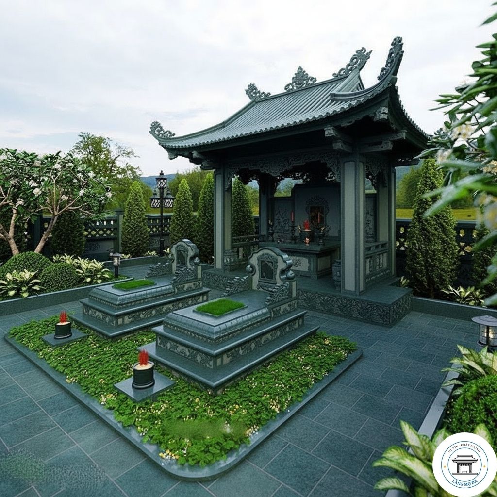 Khuôn Viên Lăng Mộ Gia Đình 2 Mộ Có Mái Che - Mẫu KLM01