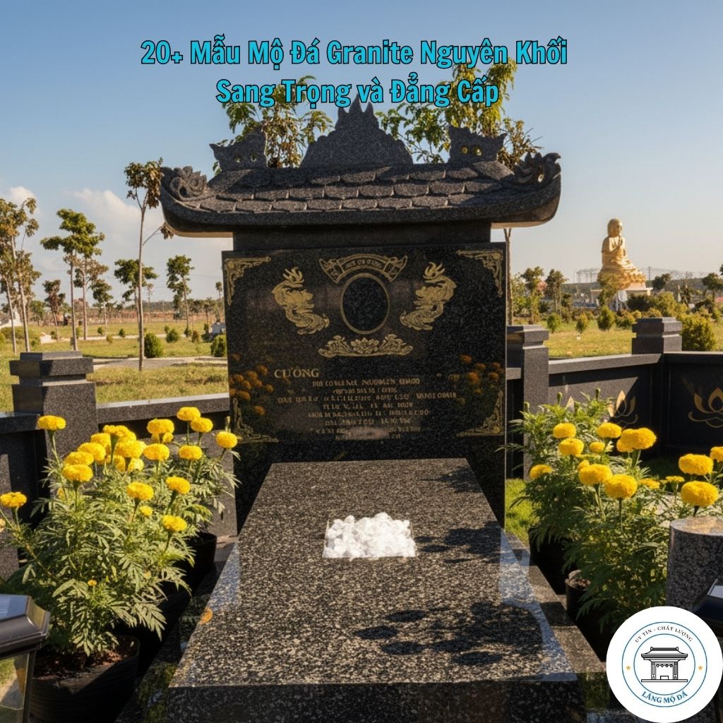  Mẫu 1 Mộ granite đen kim sa chạm khắc hoa sen.