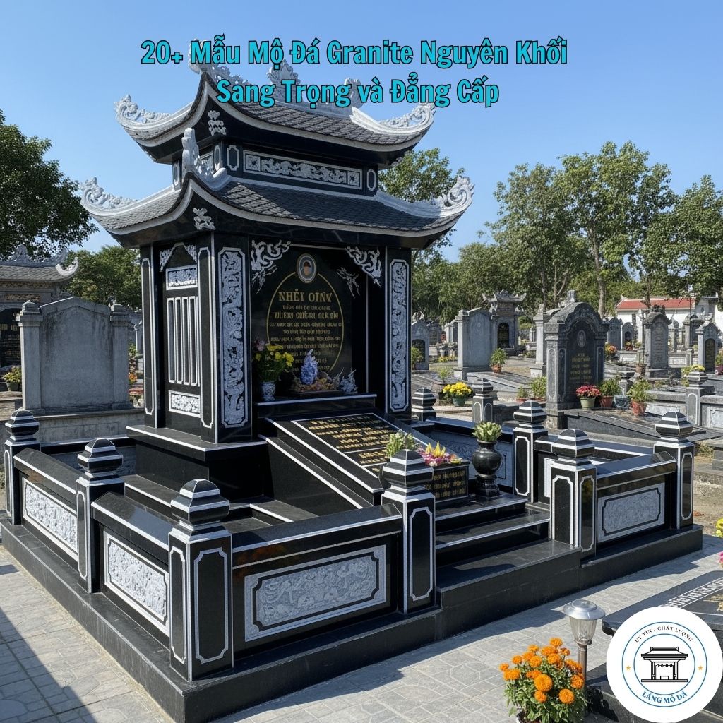 Mẫu 2  Mộ granite đen viền trắng, mái vòm cổ điển.